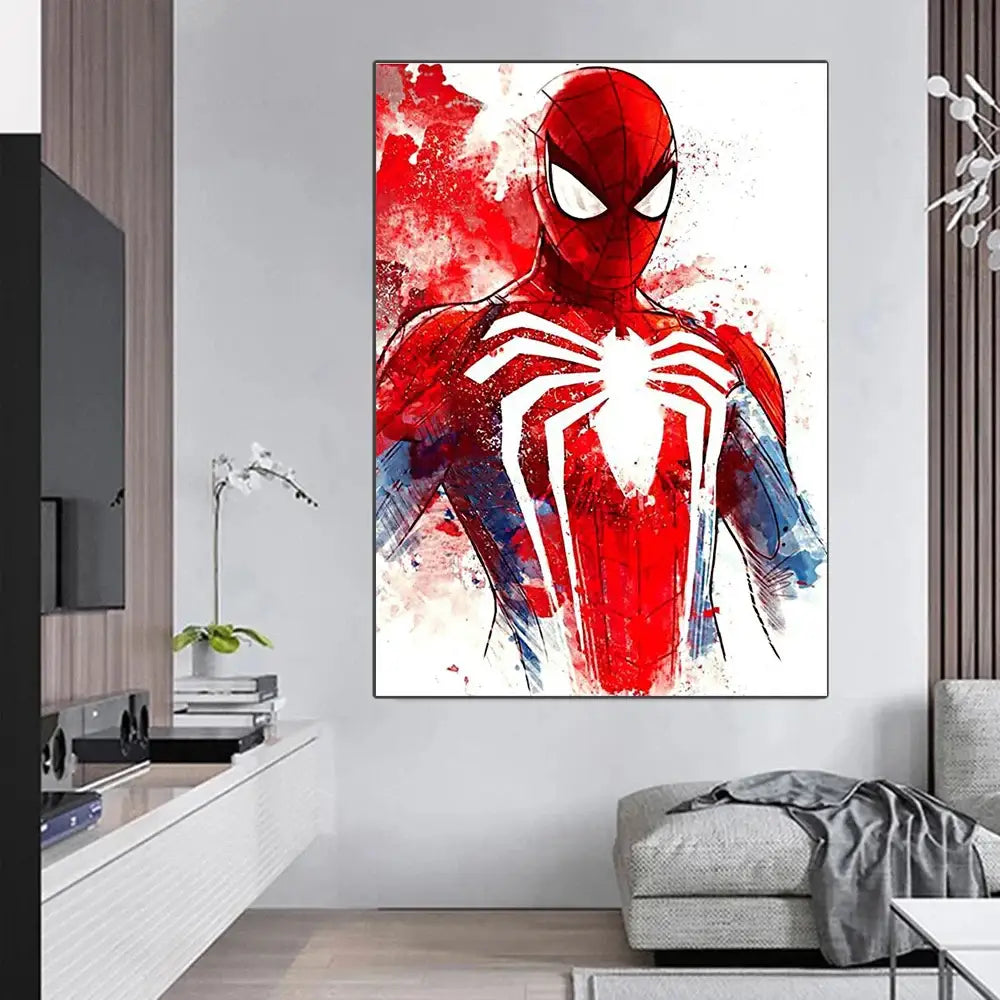 Decorbites™ spiderman watercolor canvas poster featuring red and blue spiderman with white web patterns for home decor