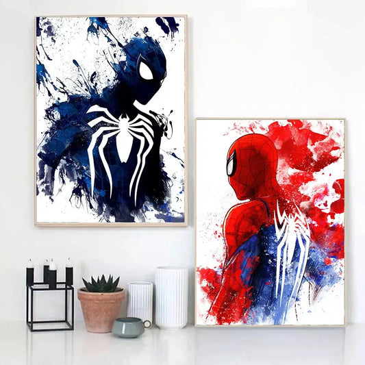 Two framed spiderman watercolor canvas posters featuring bold blue white and vibrant red blue paint burst designs for home decor