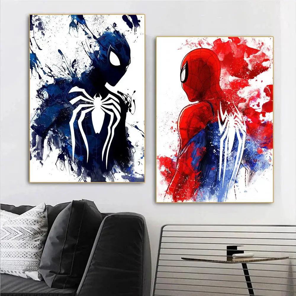 Two spiderman watercolor canvas prints in bold red blue and dark navy with white webbing for home decor by decorbites