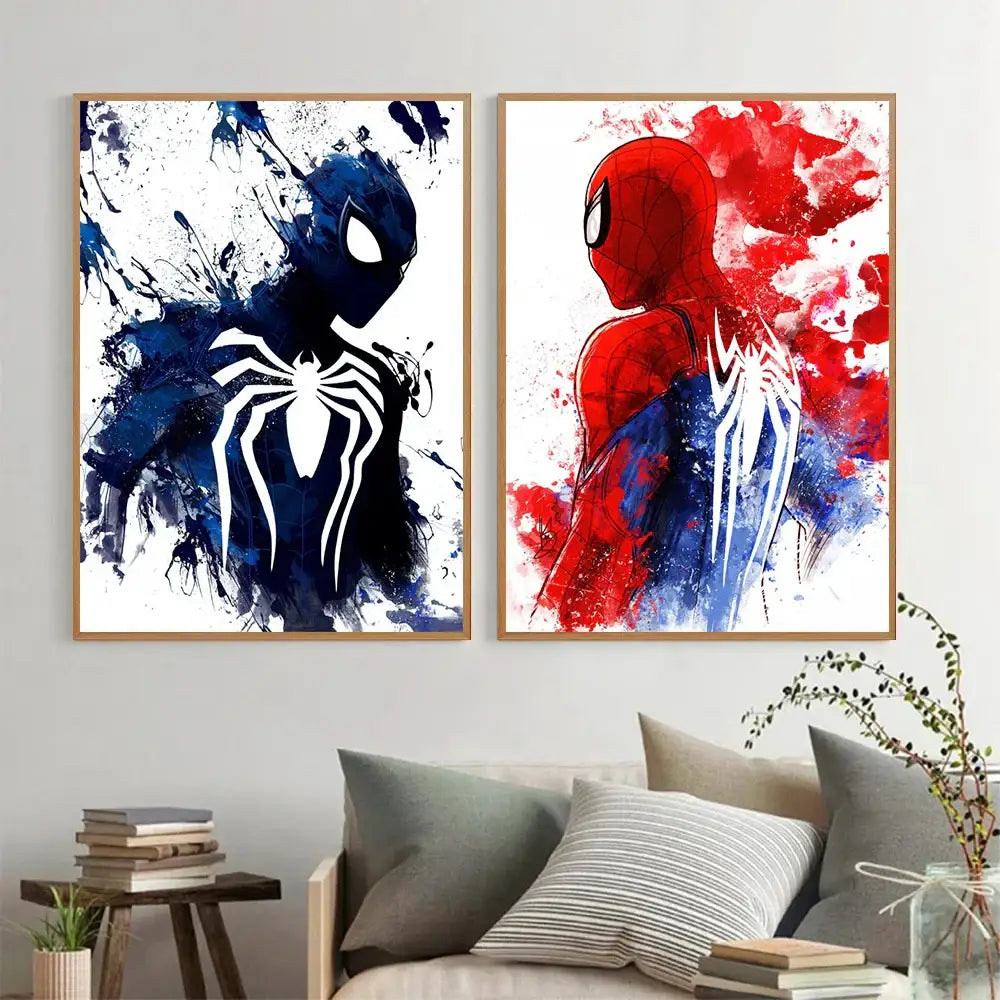 Two framed DecorBites™ spiderman watercolor canvas posters featuring dark blue silhouette and vibrant red splash designs