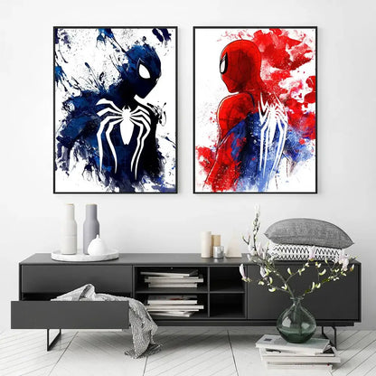 Two framed spiderman watercolor canvas posters featuring bold blue white and vibrant red blue abstract designs for home decor