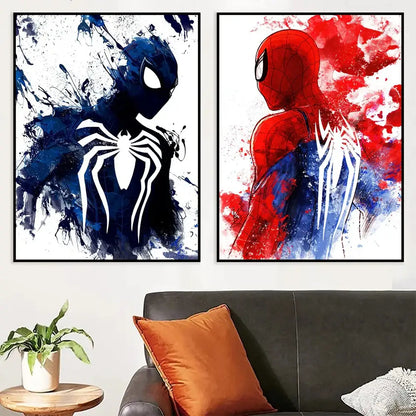 Two framed spiderman watercolor canvas posters featuring black and white splatter and red suit watercolor bursts for home decor