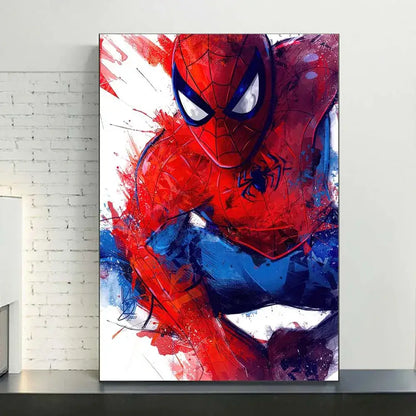 Vibrant red and blue spiderman watercolor canvas poster with dynamic brushstroke effects for home decor by decorbites