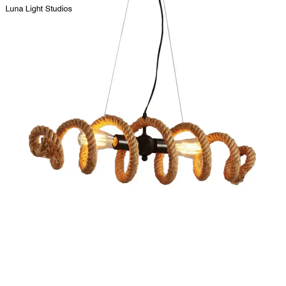 DecorBites™ spiral 2-head black rope pendant island light with natural-brown rope and exposed bulbs for dining room