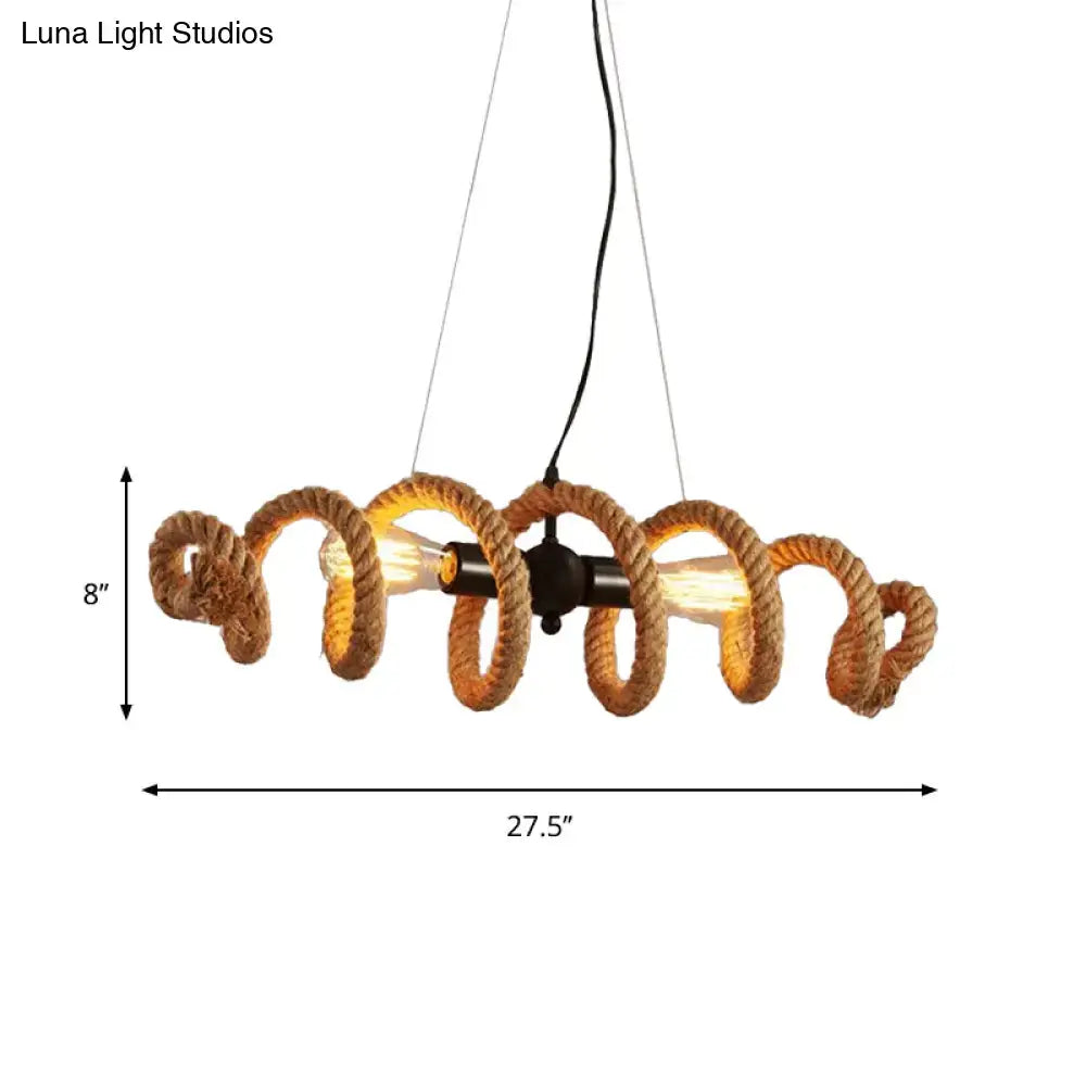 DecorBites™ spiral 2-head rope pendant island light in black with rustic rope wrap and exposed Edison bulbs for dining room