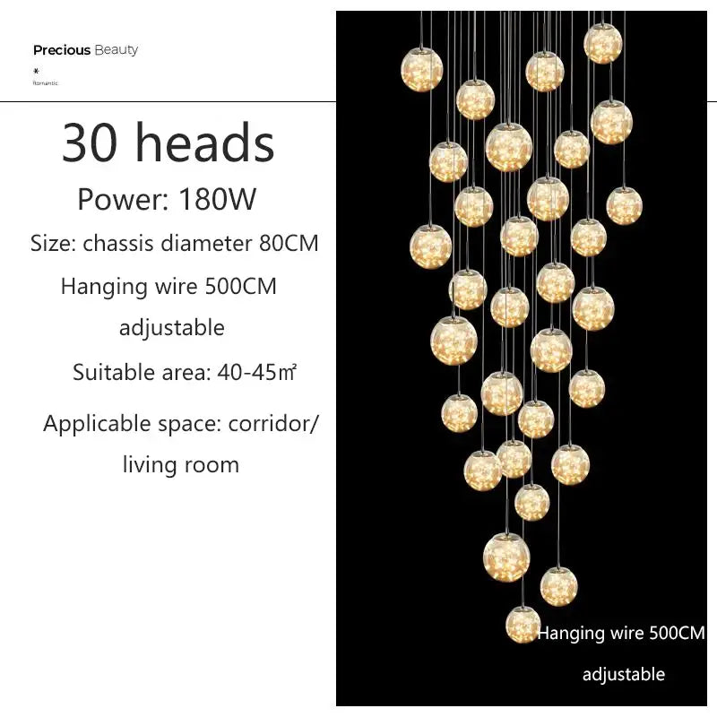 Decorbites spiral crystal ball chandelier light with 30 warm-toned glass globes and adjustable hanging wire ball chandelier