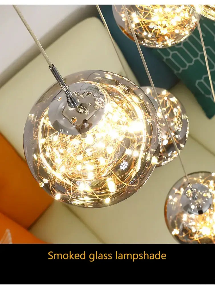 DecorBites™ spiral crystal ball chandelier light with spherical smoked glass lampshade and intricate wireframe lighting