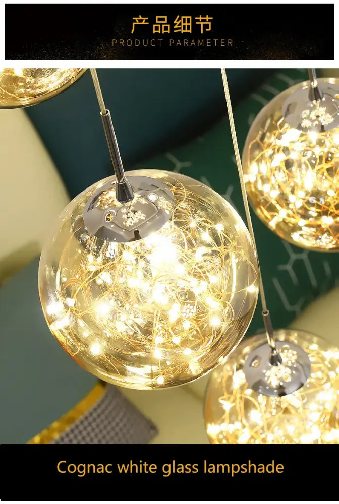 Decorbites™ spiral crystal ball chandelier light with cognac white glass lampshade and intricate led string lights