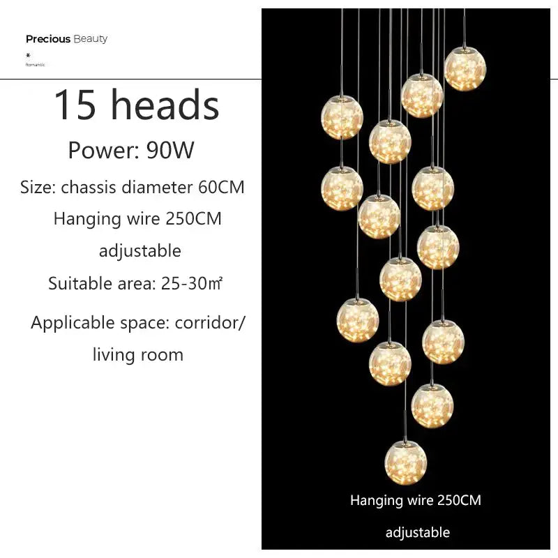 DecorBites™ spiral crystal ball chandelier light with 15 warm glowing bulbs on adjustable chrome wires