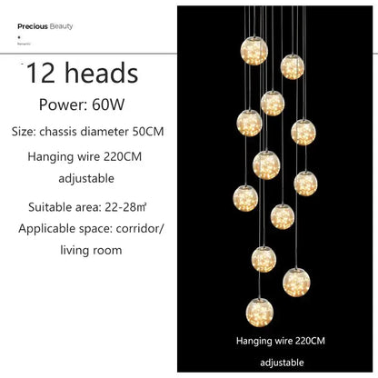 DecorBites™ spiral crystal ball chandelier light with 12 spherical glass bulbs emitting warm glow and chrome wires suspended