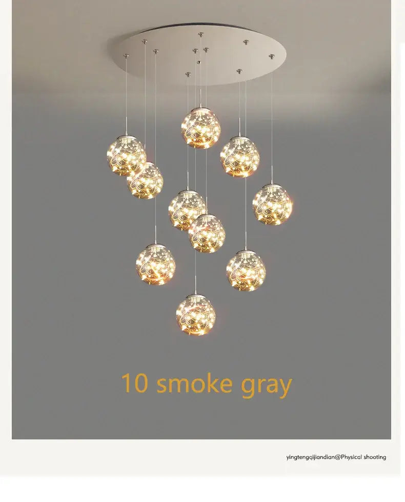 DecorBites™ spiral crystal ball chandelier with ten smoke gray glass globes suspended from circular mount