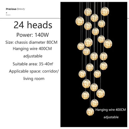 DecorBites™ spiral crystal ball chandelier light with 24 warm glowing glass balls in a modern cascading design