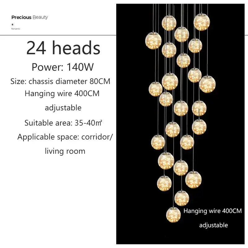 DecorBites™ spiral crystal ball chandelier light with 24 warm glowing glass balls in a modern cascading design