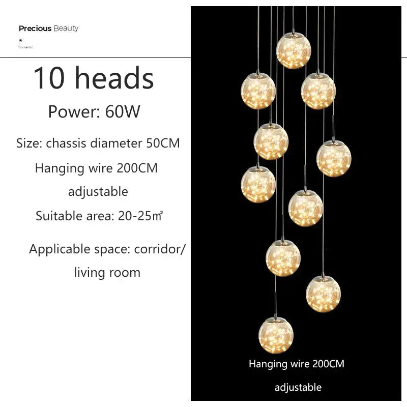 DecorBites spiral crystal ball chandelier light with ten warm glowing glass globes on adjustable black wires