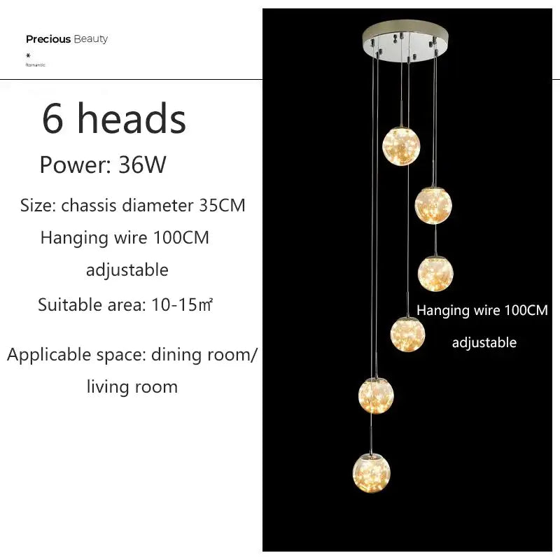 Decorbites™ spiral crystal ball chandelier light with six chrome finished spherical glass globes and hanging wires