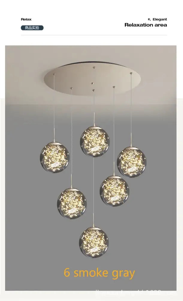 Six smoke gray spherical glass pendant lights hang from a circular ceiling fixture in a decorbites crystal ball chandelier