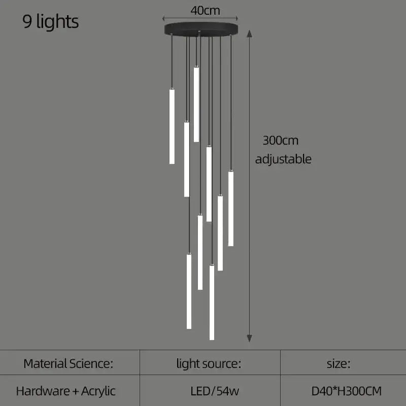 Modern black circular DecorBites™ spiral led ceiling chandelier with nine adjustable white acrylic light tubes for home decor