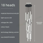 Black modern ceiling chandelier led with 18 slender vertical rods suspended from circular aluminum base by DecorBites™
