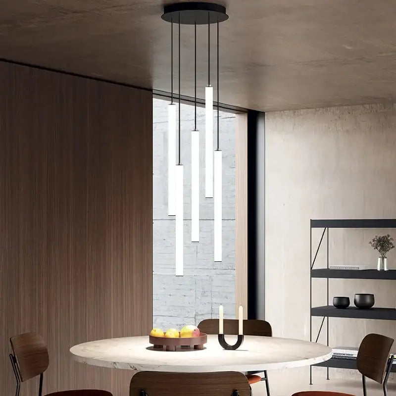 DecorBites™ spiral led ceiling chandelier with five slender white rods and a black circular fixture modern ceiling chandelier