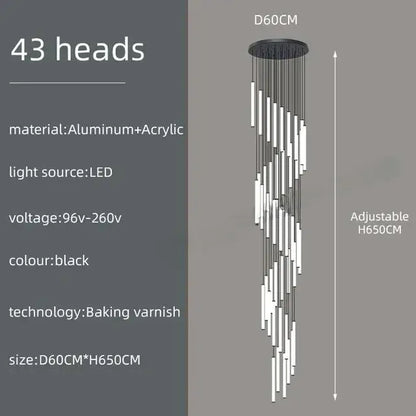 Decorbites™ spiral led chandelier with 43 led light heads in black aluminum and acrylic for modern home lighting