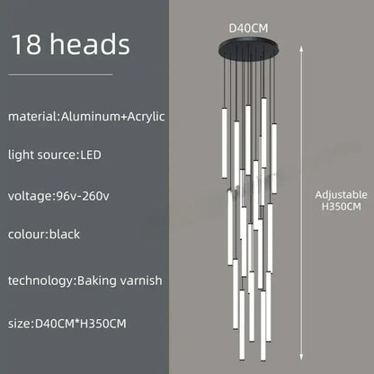 Black modern DecorBites™ spiral led chandelier with 18 slender vertical led rods and circular aluminum base for home use