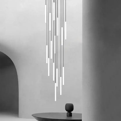 Modern minimalist decorbites™ spiral led chandelier with slender cylindrical tubes emitting soft white glow
