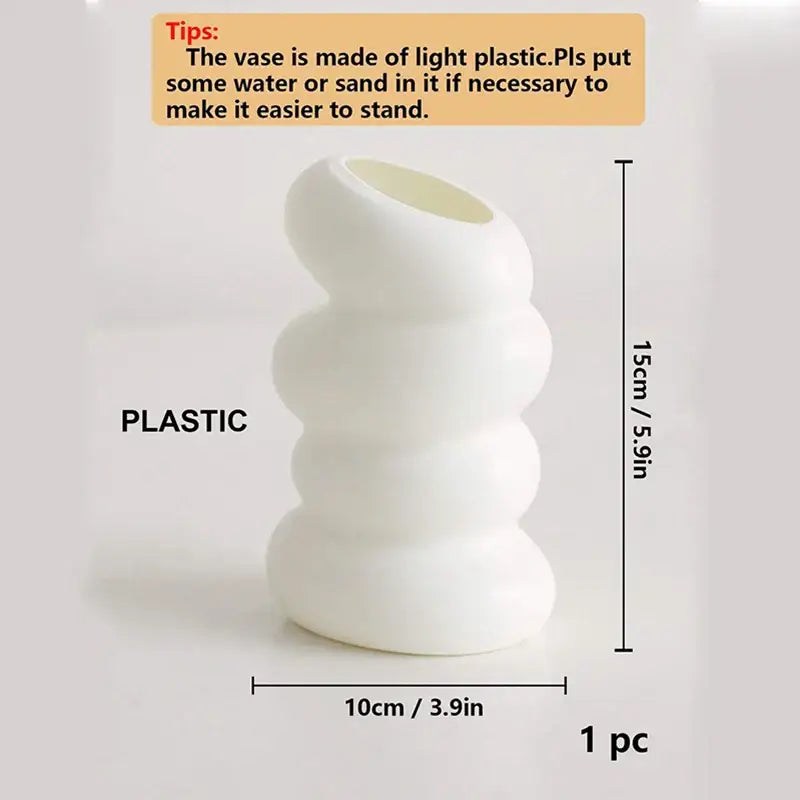 DecorBites™ spiral white vase made of light plastic with a unique stacked rounded design for home decor