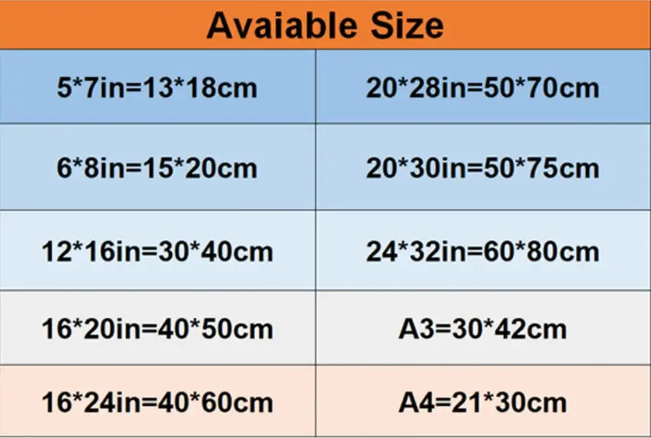 A chart showing available paper sizes in inches and centimeters for decorbites sports stars neon wall art print
