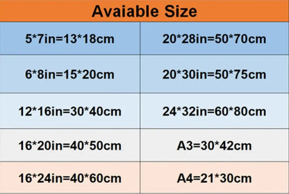 A chart showing available paper sizes in inches and centimeters for decorbites sports stars neon wall art print