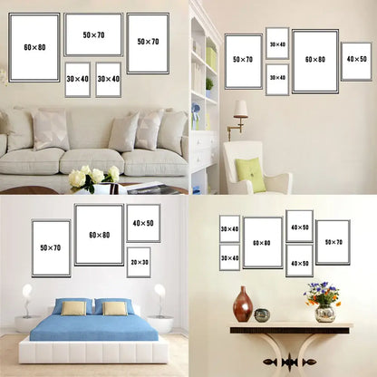 A collection of minimalist white-framed decorbites sports stars neon wall art prints arranged symmetrically on walls