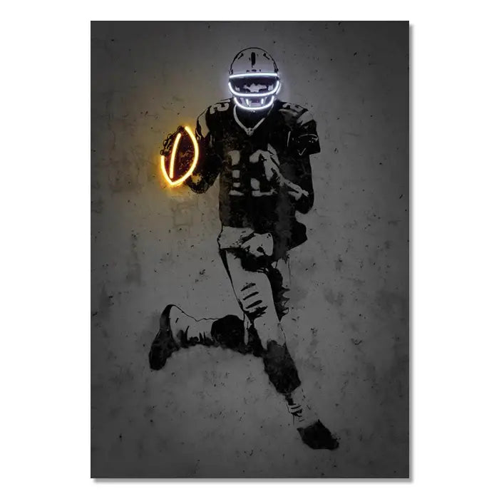 DecorBites™ sports stars neon wall art print featuring a black-and-white stencil football player with glowing helmet