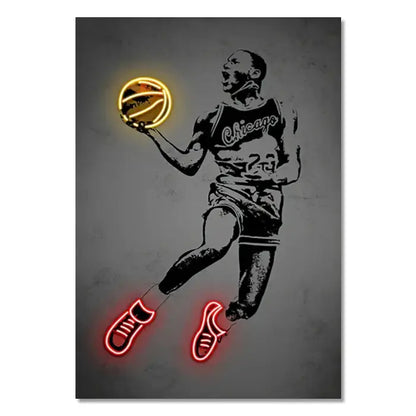 Neon-lit wall art poster by decorbites featuring sports stars neon design with glowing yellow ball and red sneakers