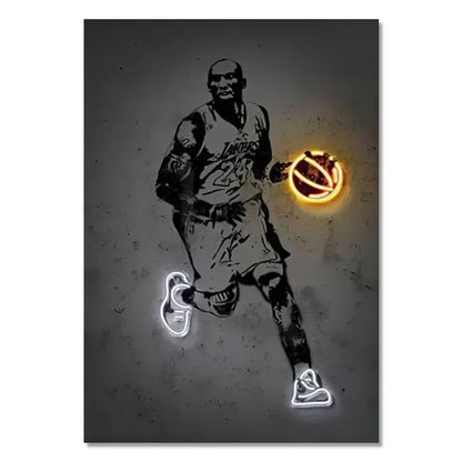 Decorbites™ sports stars neon wall art print featuring a neon-lit basketball player with glowing orange ball and white shoe outlines
