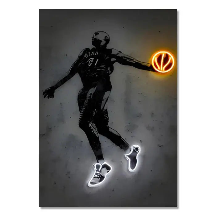 DecorBites™ sports stars neon wall art print featuring a neon-lit basketball player silhouette with glowing orange ball