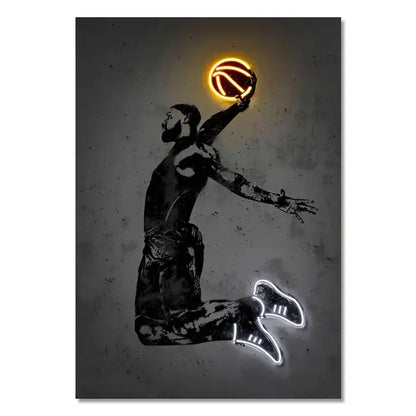 DecorBites™ sports stars neon wall art print featuring neon-lit basketball player silhouette with glowing orange ball