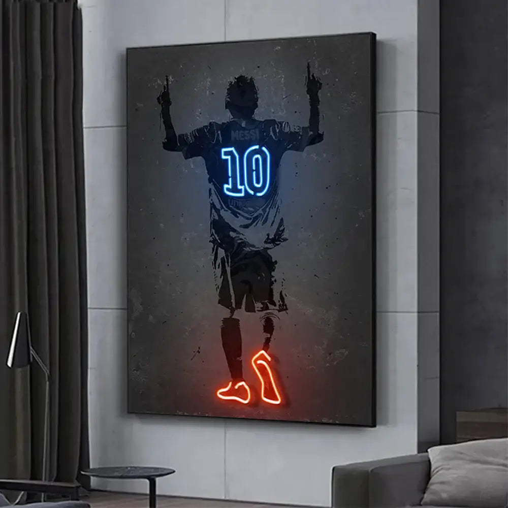 Decorbites™ sports stars neon wall art print featuring neon-lit lionel messi silhouette with blue and orange accents