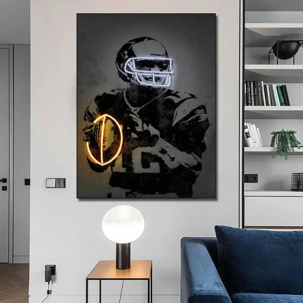 DecorBites™ sports stars neon wall art print featuring a neon-lit football player with glowing white helmet and golden ball