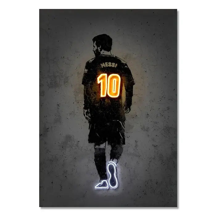 Neon-lit wall art print of a soccer player in black jersey with glowing orange 10 and white outline shoes from decorbites sports stars neon collection