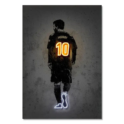 Neon-lit wall art print of a soccer player in black jersey with glowing orange 10 and white outline shoes from decorbites sports stars neon collection