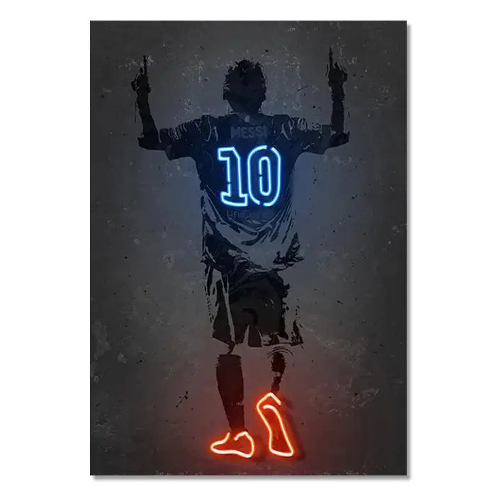 Neon-lit silhouette wall art print of a soccer player with jersey number 10 in blue and orange sports stars neon design