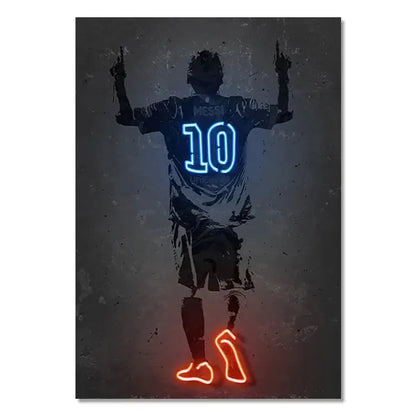 Neon-lit silhouette wall art print of a soccer player with jersey number 10 in blue and orange sports stars neon design