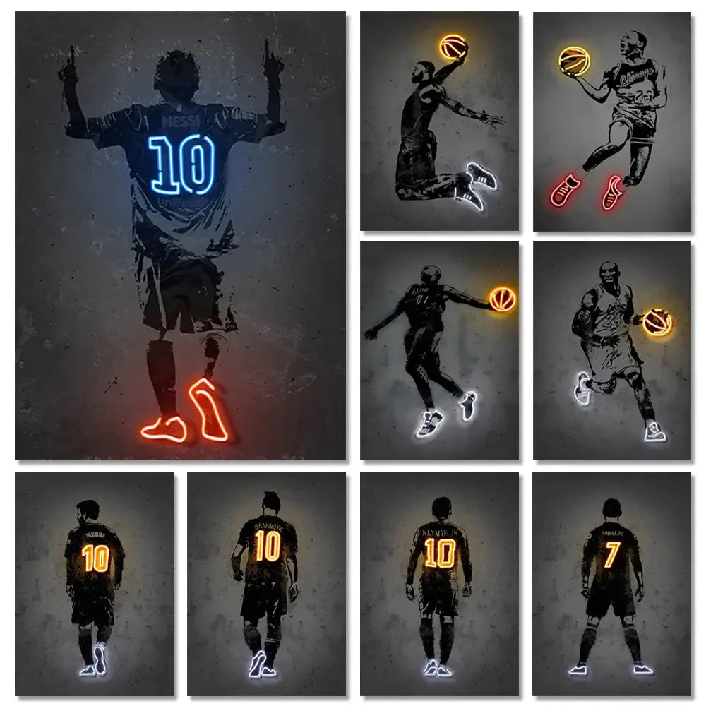 DecorBites™ sports stars neon wall art print with glowing football and basketball players and illuminated jersey numbers