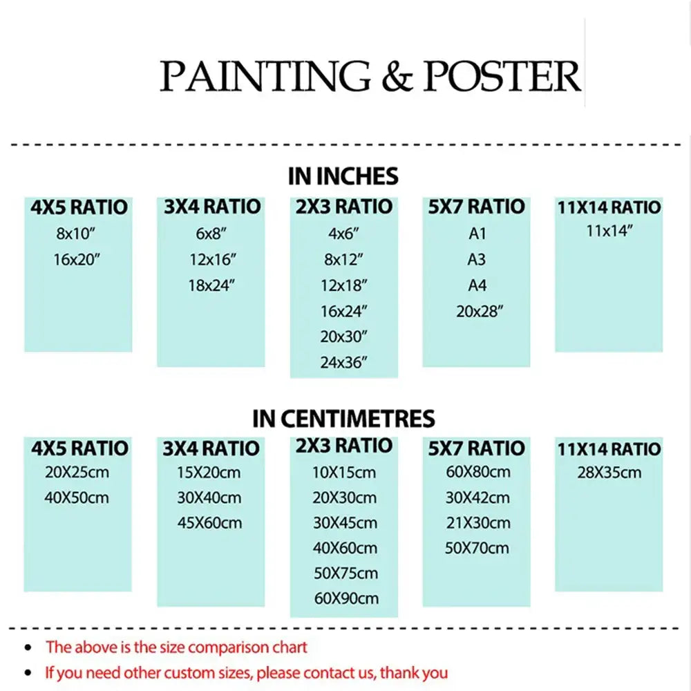 Size comparison chart for DecorBites™ sports stars neon wall art print showing dimensions in inches and centimeters