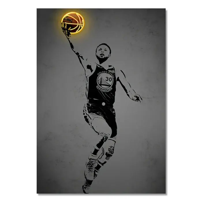 Stylized black-and-white basketball player wall art with glowing orange ball featuring golden state warriors number 30
