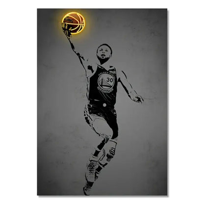 Stylized black-and-white basketball player wall art with glowing orange ball featuring golden state warriors number 30