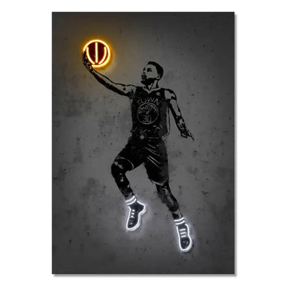 A stylized black and white neon wall art print of a basketball player with an illuminated golden state warriors ball