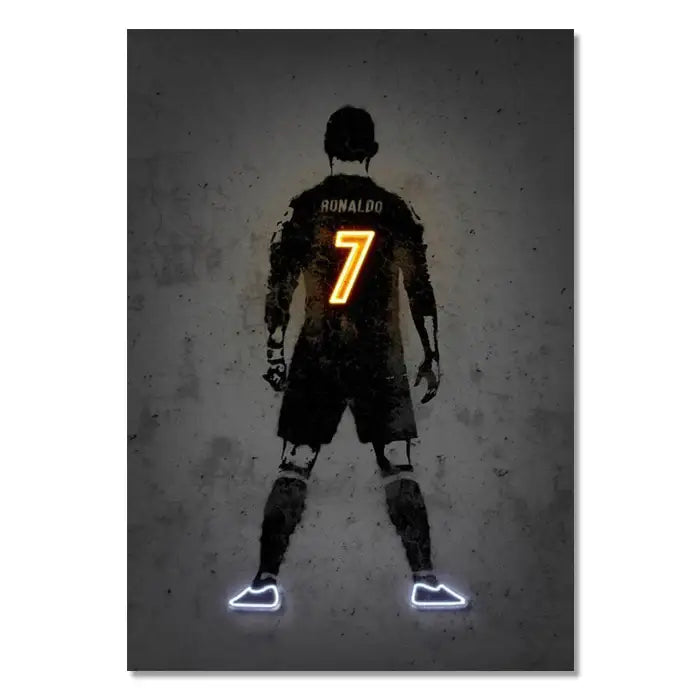 Stylized neon-lit wall art print of soccer player ronaldo in black uniform with glowing orange number 7 by decorbites sports stars neon series