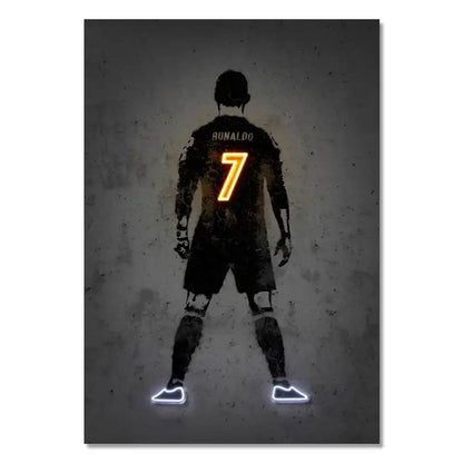 Stylized neon-lit wall art print of soccer player ronaldo in black uniform with glowing orange number 7 by decorbites sports stars neon series