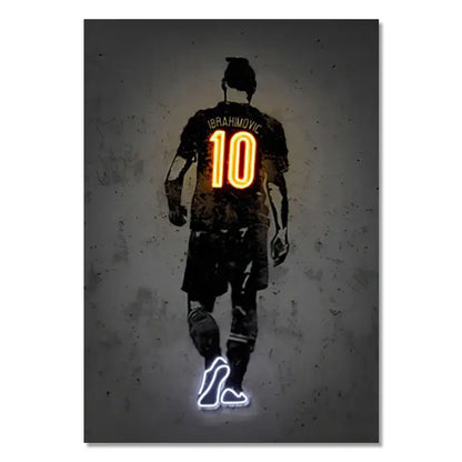 A stylized neon-lit soccer player wall art print featuring ibrahimovic number 10 in orange and blue sports stars neon design