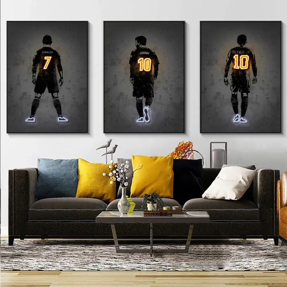 Three framed canvas prints featuring sports stars neon silhouettes with glowing numbers for stylish wall art decor